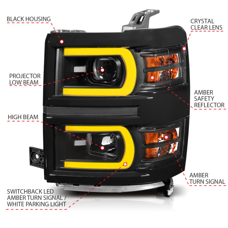 Load image into Gallery viewer, ANZO 14-15 Chevrolet Silverado 1500 Projector Headlights w/ Plank Style Switchback Black w/ Amber
