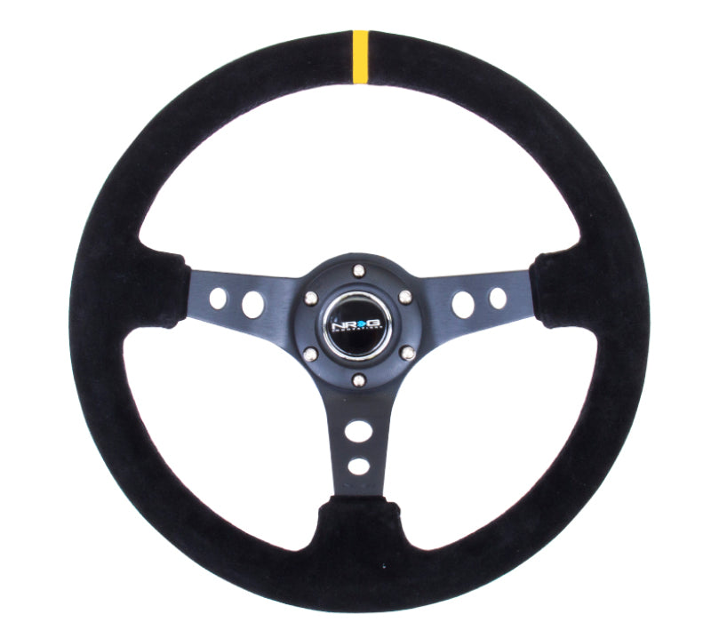 Load image into Gallery viewer, NRG Reinforced Steering Wheel (350mm / 3in. Deep) Blk Suede w/Circle Cut Spokes &amp; Single Yellow CM

