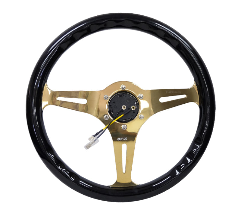 Load image into Gallery viewer, NRG Classic Wood Grain Steering Wheel (350mm) Black Grip w/Chrome Gold 3-Spoke Center
