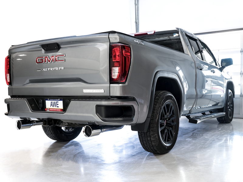 Load image into Gallery viewer, AWE Tuning 4th Gen GM 1500 5.3L 0FG Cat-Back Split Rear Exit (Flat Bumper) - Quad Chrome Tips
