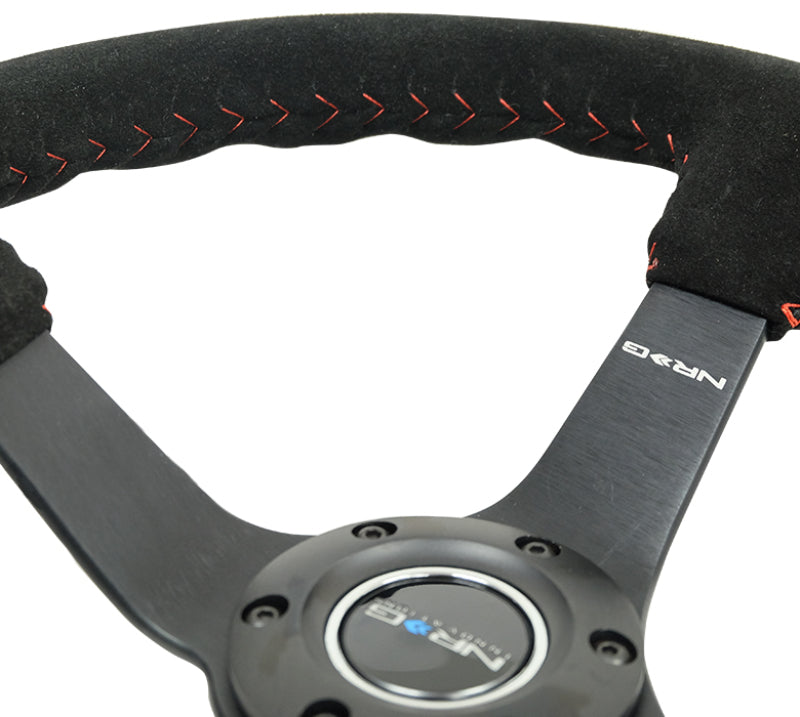 Load image into Gallery viewer, NRG Reinforced Steering Wheel (350mm / 3in. Deep) Blk Suede/Red BBall Stitch w/5mm Matte Blk Spokes
