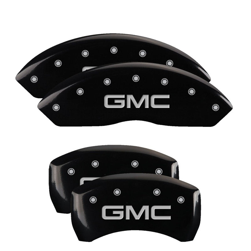 Load image into Gallery viewer, MGP 4 Caliper Covers Engraved Front &amp; Rear GMC Black finish silver ch
