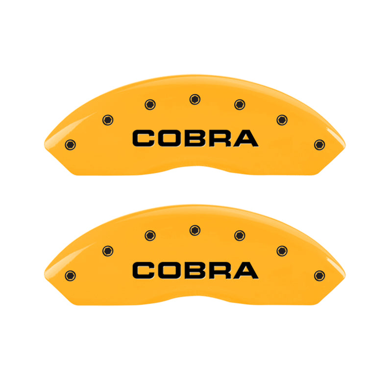 Load image into Gallery viewer, MGP 4 Caliper Covers Engraved Front &amp; Rear Cobra Yellow Finish Black Char 2006 Ford Mustang
