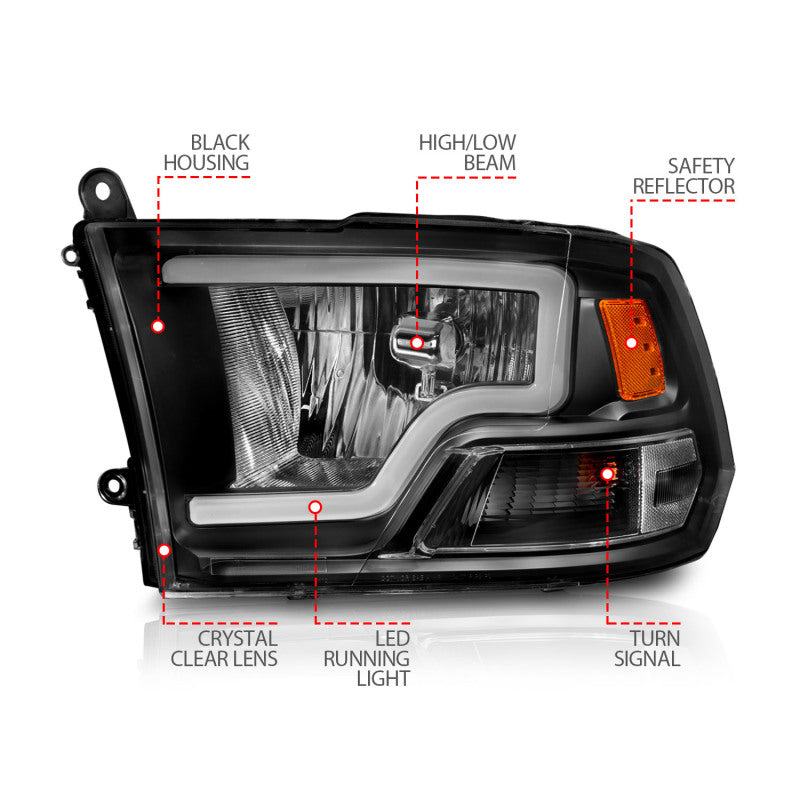 Load image into Gallery viewer, ANZO 2009-2018 Dodge Ram 1500 Crystal Headlights w/ Light Bar Black Housing
