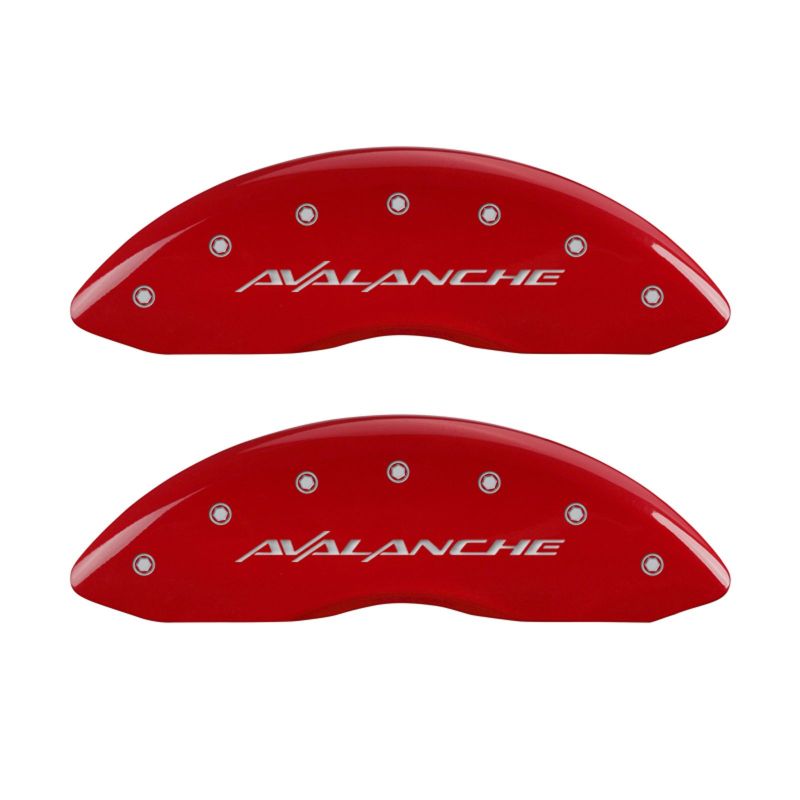 Load image into Gallery viewer, MGP 4 Caliper Covers Engraved Front &amp; Rear Avalanche Red finish silver ch
