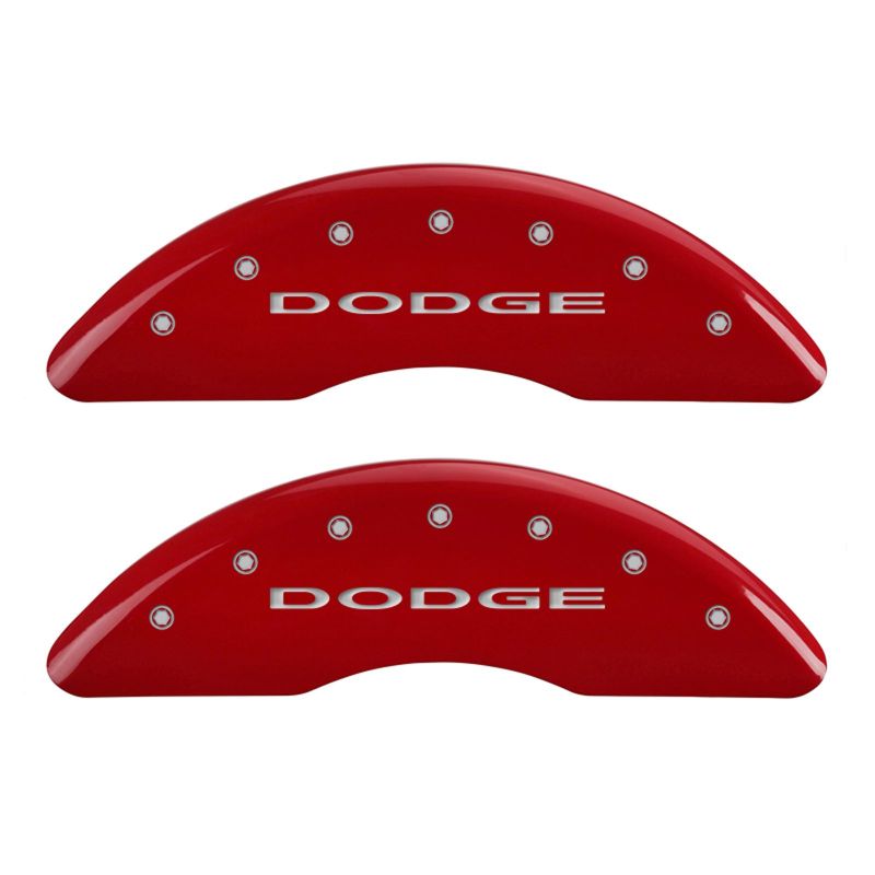 Load image into Gallery viewer, MGP 4 Caliper Covers Engraved Front &amp; Rear With out stripes/Dodge Red finish silver ch
