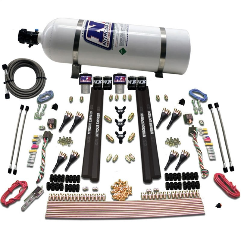 Load image into Gallery viewer, Nitrous Express SX2 Dual Stage /Gas/Rails 8 Nozzles Nitrous Kit (200-1200HP) w/15lb Bottle
