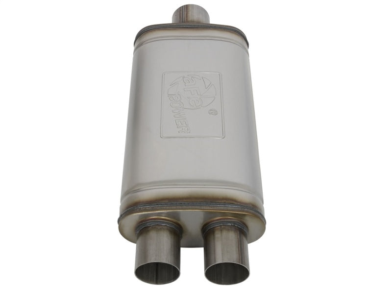 Load image into Gallery viewer, aFe MACHForce XP SS Muffler 3in Center Inlet / 2.5in Dual Outlets 18in L x 9in W x4in H Body
