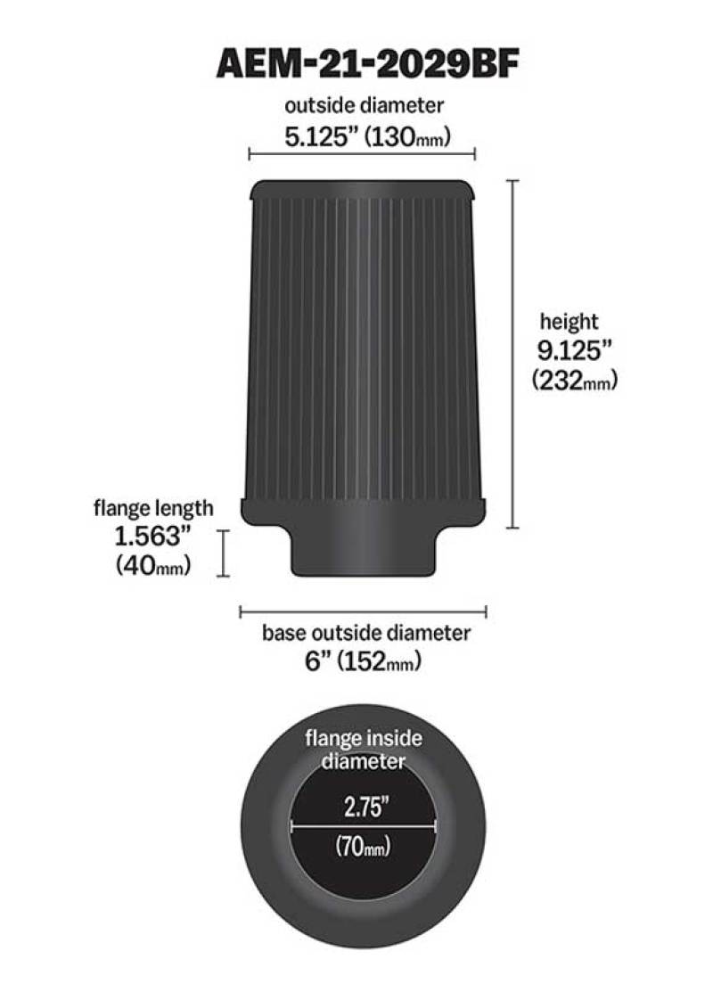 Load image into Gallery viewer, AEM Dryflow Conical Air Filter 2.75in Flange ID / 6in Base OD / 5.125in Top OD / 9.125in Height
