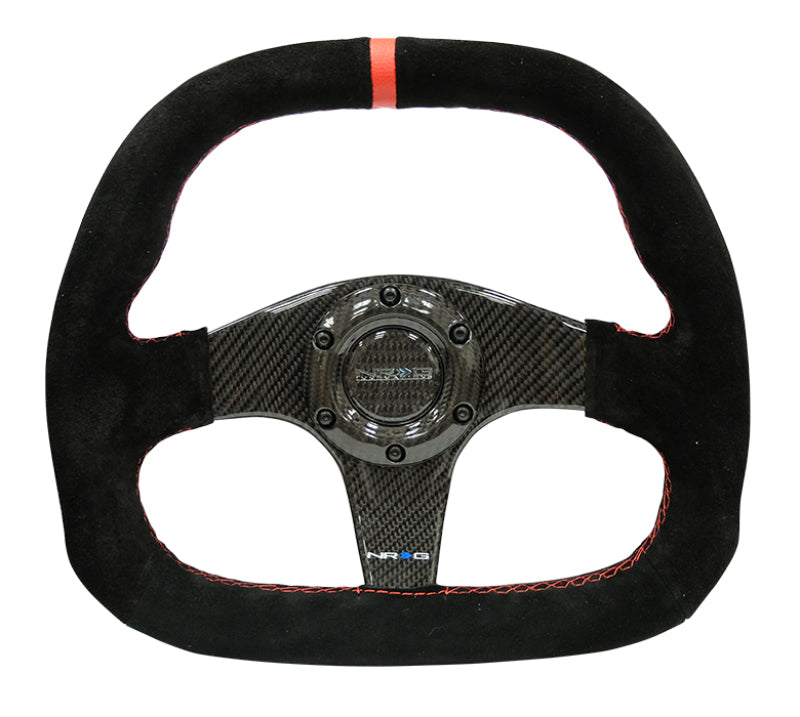 Load image into Gallery viewer, NRG Carbon Fiber Steering Wheel (320mm) Flat Btm. Blk Suede/Red Stitch w/CF Spokes &amp; Red Center Mark
