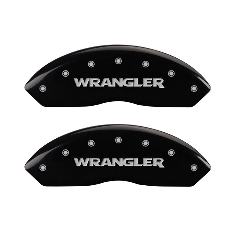 Load image into Gallery viewer, MGP 4 Caliper Covers Engraved Front &amp; Rear WRANGLER Black finish silver ch
