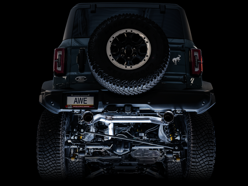 Load image into Gallery viewer, AWE Tuning 2021+ Ford Bronco 0FG Dual Rear Exit Exhaust w/Diamond Black Tips &amp; Bash Guard
