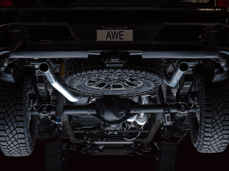 Load image into Gallery viewer, AWE Tuning 22-23 GMC Sierra 1500 AT4X 6.2L 0FG Catback Split Dual (Flat Bumper) - Bashguard(No Tips)

