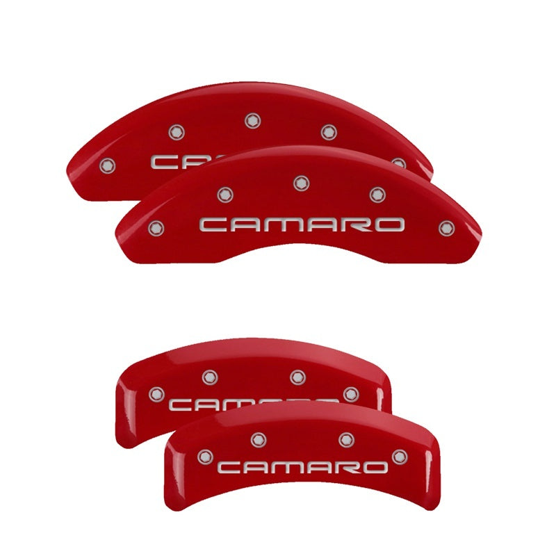 Load image into Gallery viewer, MGP 4 Caliper Covers Engraved Front &amp; Rear Gen 4/Camaro Red finish silver ch
