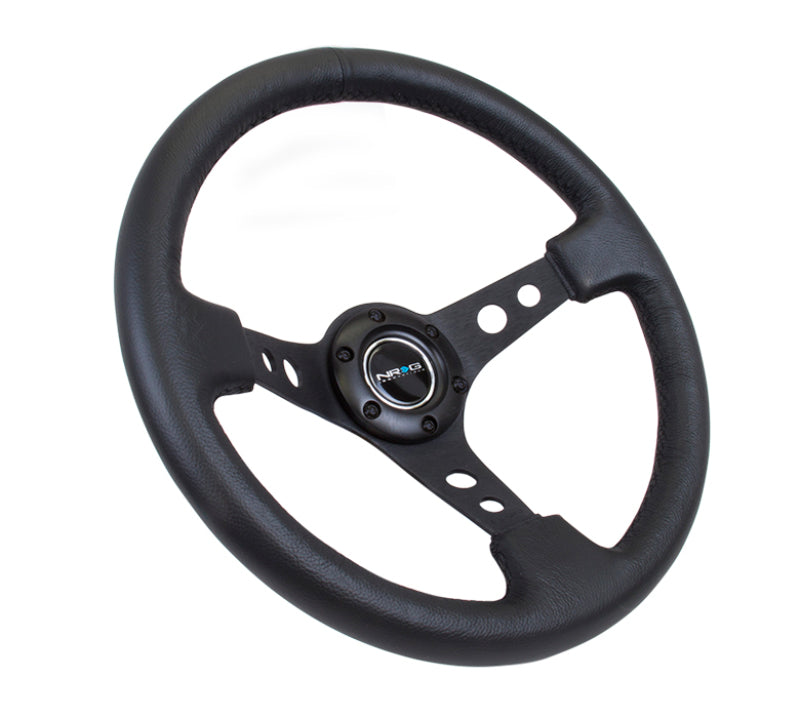 Load image into Gallery viewer, NRG Reinforced Steering Wheel (350mm / 3in. Deep) Blk Leather w/Blk Spoke &amp; Circle Cutouts
