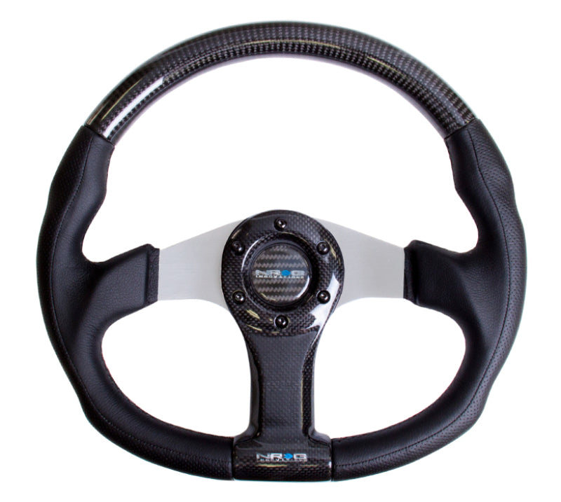 Load image into Gallery viewer, NRG Carbon Fiber Steering Wheel (350mm) Silver Oval Shape w/Leather Trim
