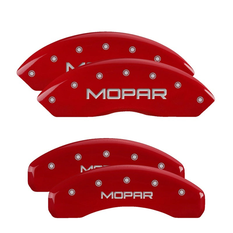 Load image into Gallery viewer, MGP 4 Caliper Covers Engraved Front &amp; Rear Silverado Red finish silver ch
