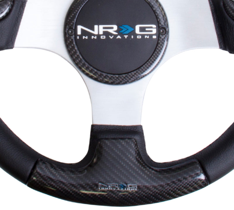 Load image into Gallery viewer, NRG Carbon Fiber Steering Wheel (350mm) Silver Frame Blk Stitching w/Rubber Cover Horn Button
