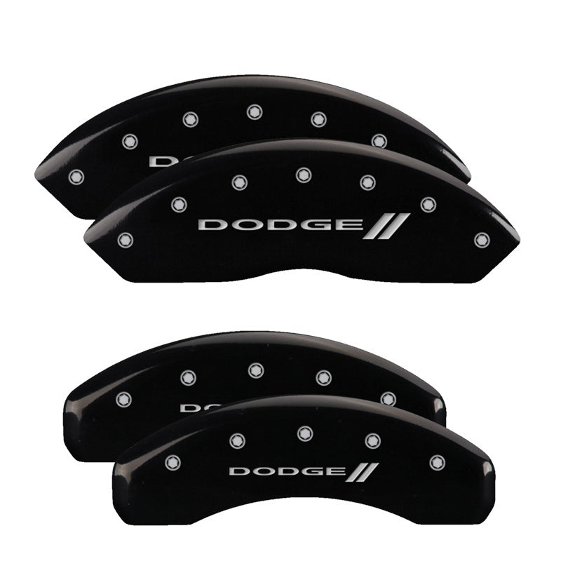 Load image into Gallery viewer, MGP 4 Caliper Covers Engraved Front Block/Challenger Engraved Rear Vintage Style/RT Blk fnsh slvr ch
