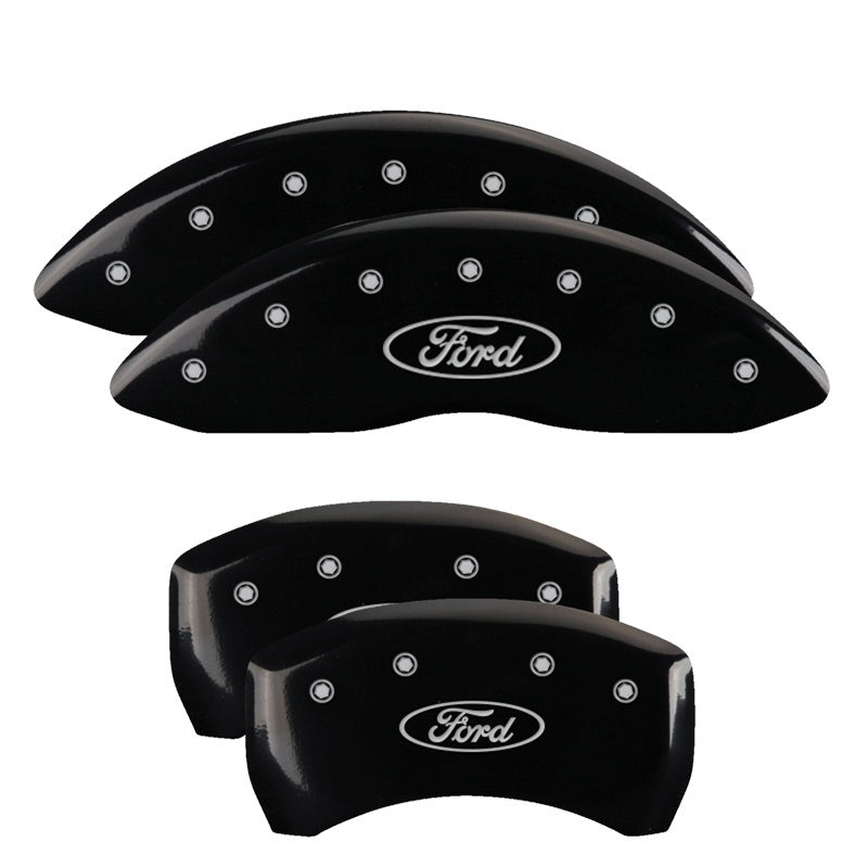 Load image into Gallery viewer, MGP 4 Caliper Covers Engraved Front Mustang Engraved Rear Pony Black finish silver ch
