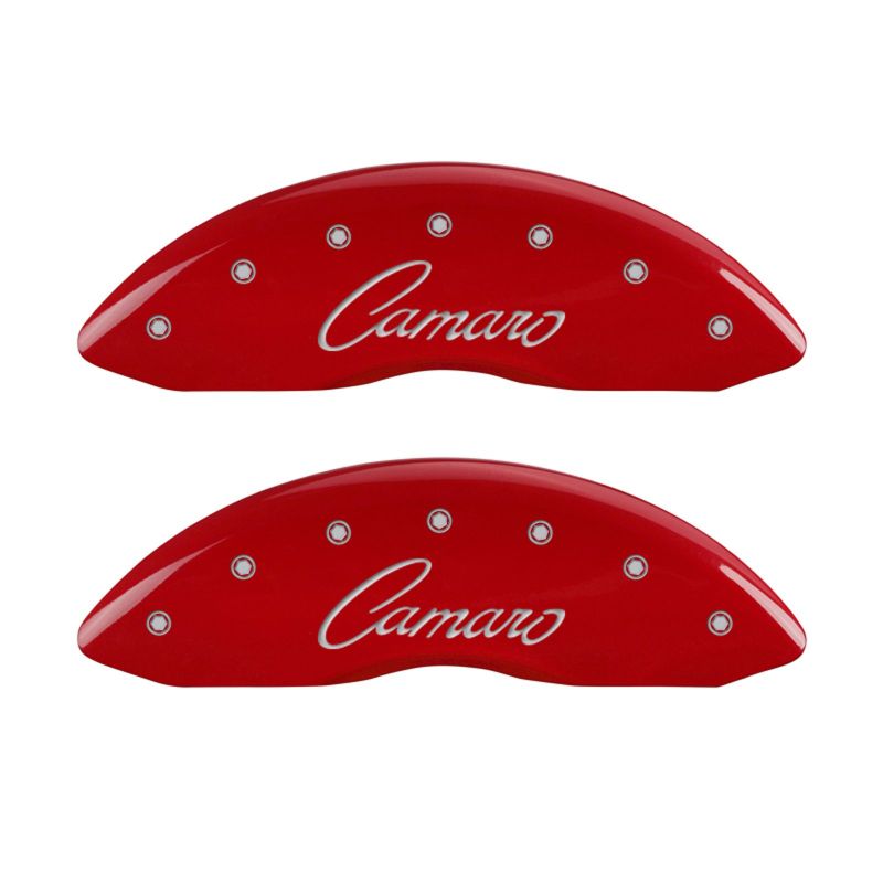 Load image into Gallery viewer, MGP 4 Caliper Covers Engraved Front &amp; Rear Cursive/Camaro Red finish silver ch
