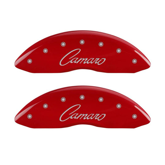 MGP 4 Caliper Covers Engraved Front & Rear Cursive/Camaro Red finish silver ch