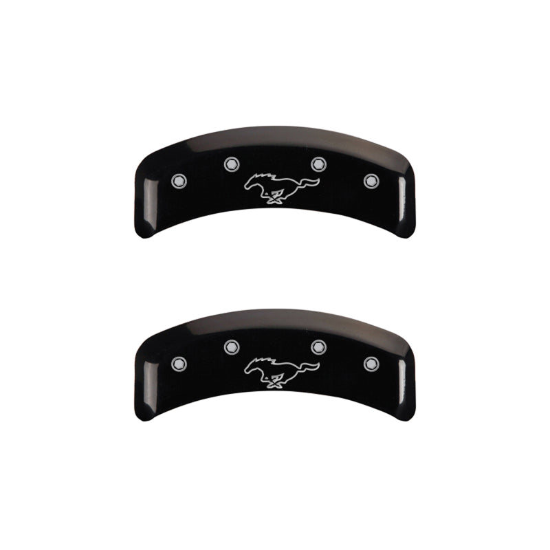 Load image into Gallery viewer, MGP 4 Caliper Covers Engraved Front Mustang Engraved Rear Pony Black finish silver ch
