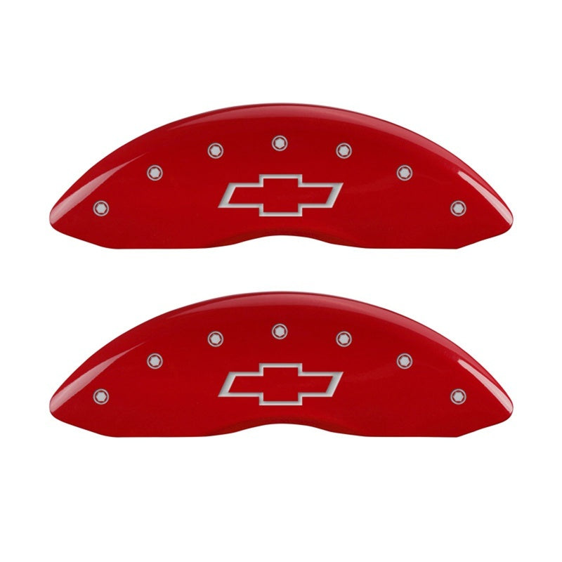 Load image into Gallery viewer, MGP Front set 2 Caliper Covers Engraved Front Bowtie Red finish silver ch
