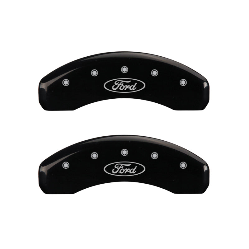 Load image into Gallery viewer, MGP 4 Caliper Covers Engraved Front &amp; Rear Oval logo/Ford Black finish silver ch
