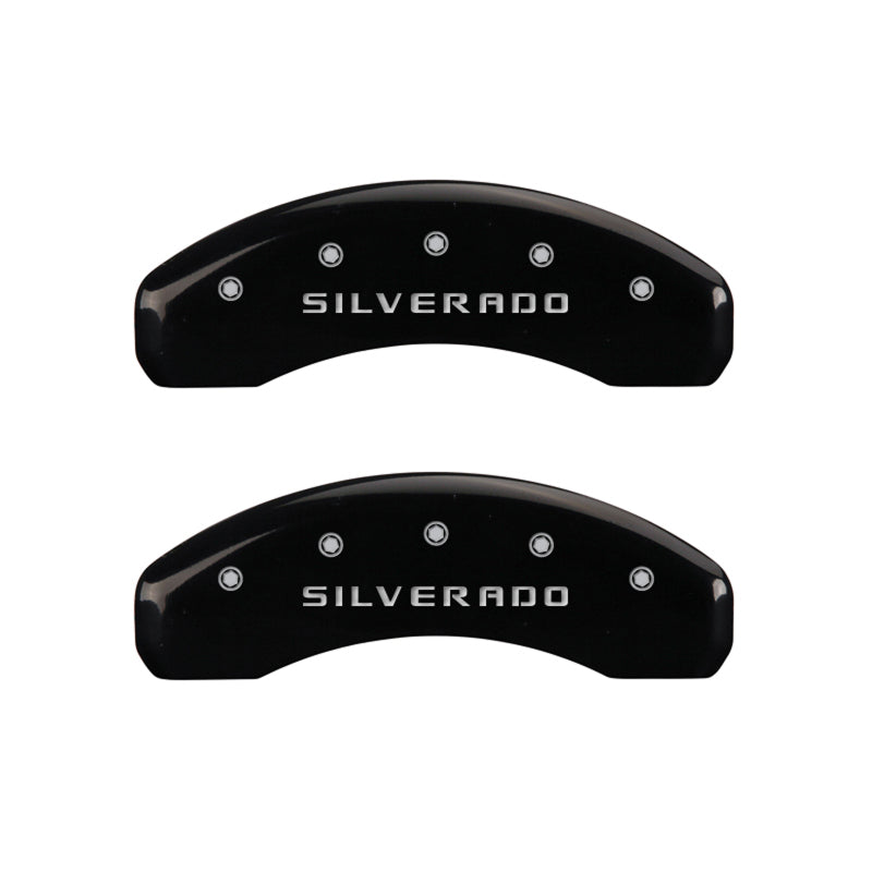 Load image into Gallery viewer, MGP 4 Caliper Covers Engraved Front &amp; Rear Silverado Black finish silver ch
