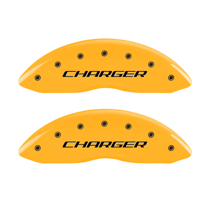 Load image into Gallery viewer, MGP 4 Caliper Covers Engraved Front Charger Rear RT Yellow Finish Black Char 2007 Dodge Charger
