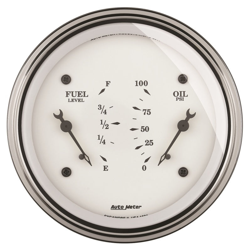 Load image into Gallery viewer, AutoMeter Gauge Dual Fuel &amp; Oilp 3-3/8in. 240 Ohm(e) to 33 Ohm(f) &amp; 100PSI Elec Old Tyme Wht
