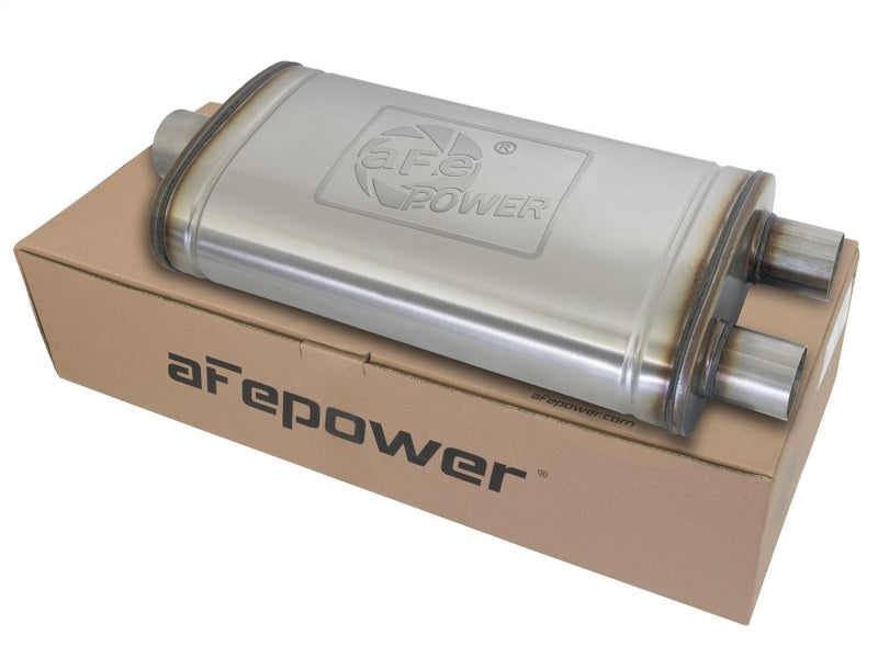 Load image into Gallery viewer, aFe MACHForce XP SS Muffler 3in Center Inlet / 2.5in Dual Outlets 22in L x 11in W x 6in H Body
