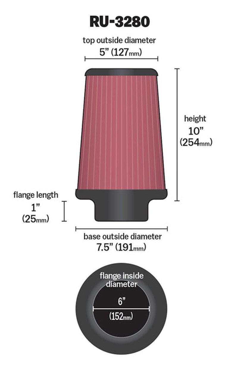 Load image into Gallery viewer, K&amp;N Filter Universal Rubber Filter 6 inch Flange 7.5 inch Base 5 inch Top 10 inch Height
