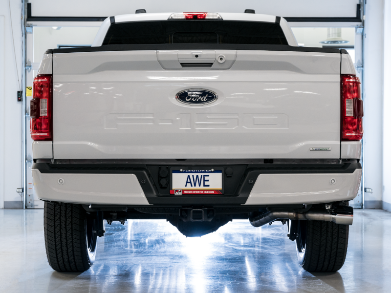 Load image into Gallery viewer, AWE 0FG 21+ Ford F150 Dual Side Exit Cat-Back Exhaust- 4.5in Chrome Silver Tips
