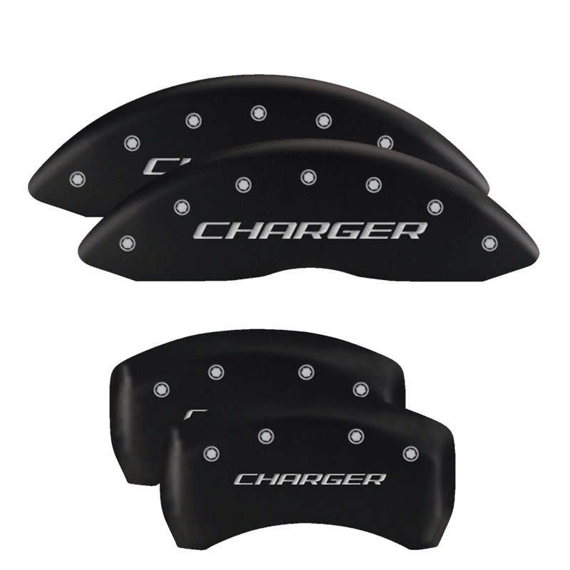 Load image into Gallery viewer, MGP 4 Caliper Covers Engraved Front &amp; Rear With stripes/Dodge Black finish silver ch

