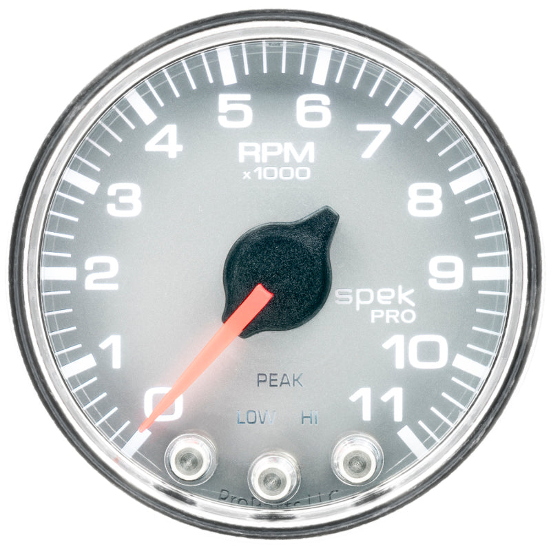 Load image into Gallery viewer, Autometer Spek-Pro Gauge Tach 2 1/16in 11K Rpm W/ Shift Light &amp; Peak Mem Slvr/Chrm
