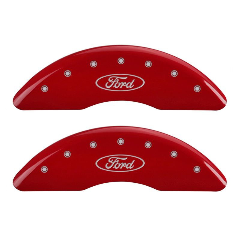 Load image into Gallery viewer, MGP 4 Caliper Covers Engraved Front &amp; Rear Oval logo/Ford Red finish silver ch
