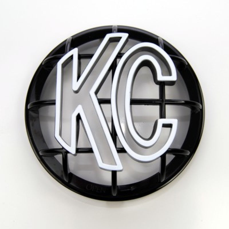 Load image into Gallery viewer, KC HiLiTES 5in. Round ABS Stone Guard for Apollo Lights (Single) - Black w/White KC Logo
