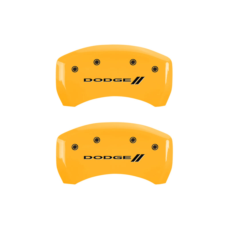 Load image into Gallery viewer, MGP 4 Caliper Covers Engraved Front &amp; Rear With stripes/Dodge Yellow finish black ch
