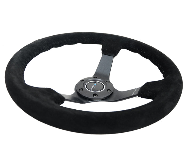 Load image into Gallery viewer, NRG Reinforced Steering Wheel (350mm / 3in. Deep) Blk Suede/Blk Bball Stitch w/5mm Matte Black Spoke
