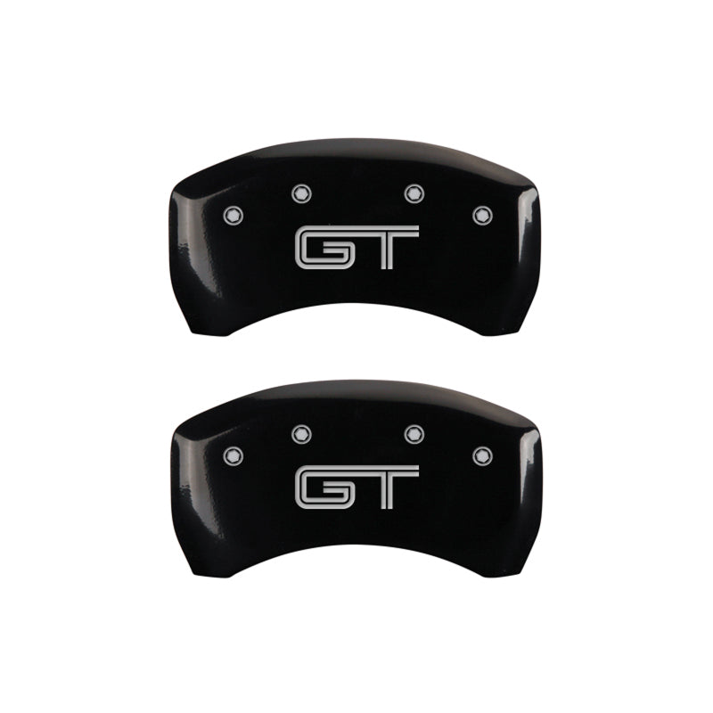 Load image into Gallery viewer, MGP 4 Caliper Covers Engraved Front Mustang Engraved Rear GT Black finish silver ch
