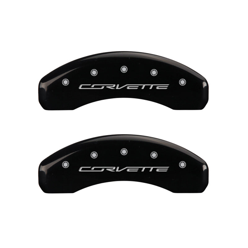 Load image into Gallery viewer, MGP 4 Caliper Covers Engraved Front &amp; Rear C7/Corvette Black finish silver ch
