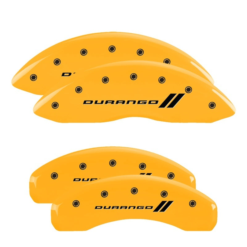 Load image into Gallery viewer, MGP 4 Caliper Covers Engraved Front &amp; Rear Mopar Yellow Finish Black Char 2007 Dodge Durango
