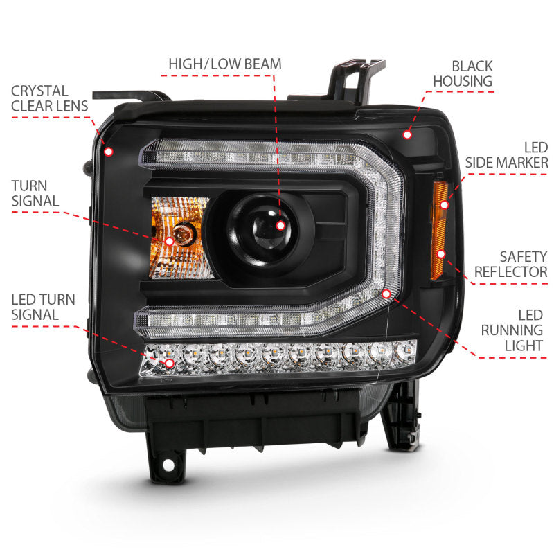 Load image into Gallery viewer, ANZO 2016-2019 GMC Sierra 1500 Projector Headlight Plank Style Black w/ Sequential Amber Signal
