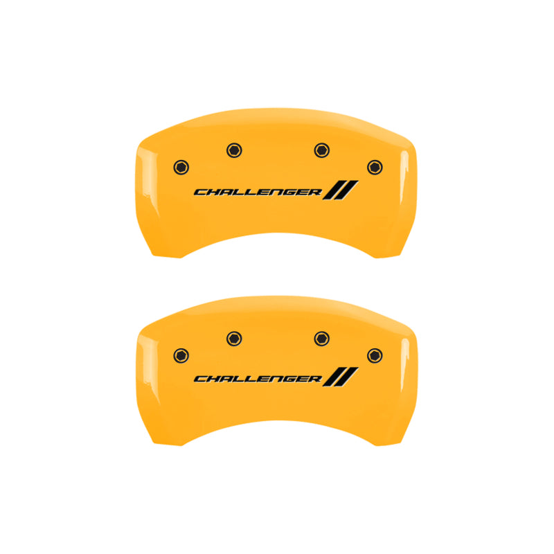 Load image into Gallery viewer, MGP 4 Caliper Covers Engraved Front &amp; Rear With stripes/Challenger Yellow finish black ch
