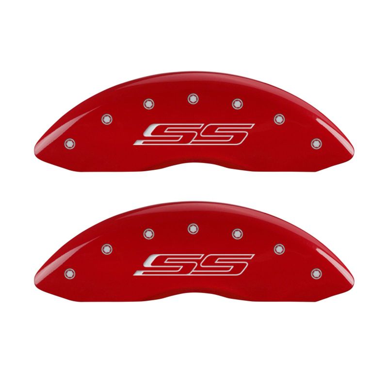 Load image into Gallery viewer, MGP 4 Caliper Covers Engraved Front &amp; Rear Gen 5/SS Red finish silver ch
