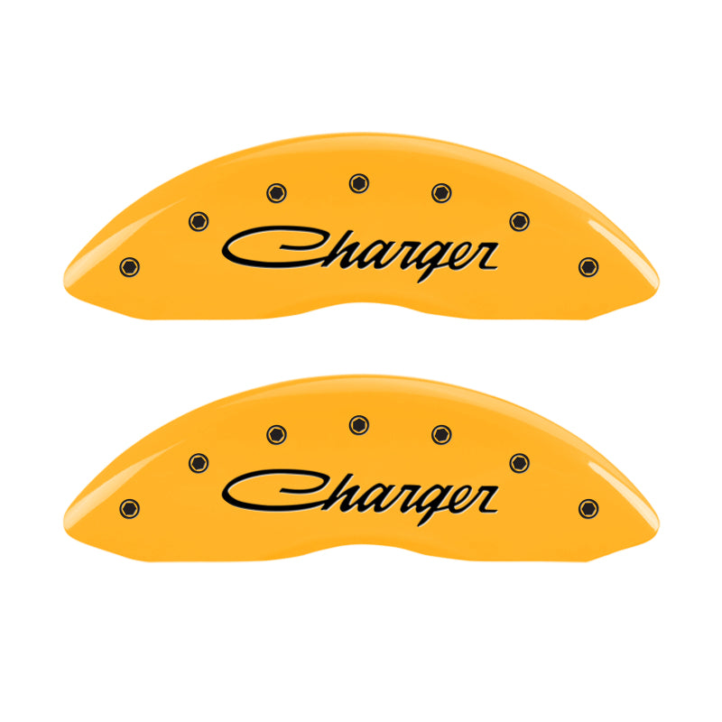 Load image into Gallery viewer, MGP 4 Caliper Covers Engraved Front &amp; Rear Cursive/Charger Yellow finish black ch
