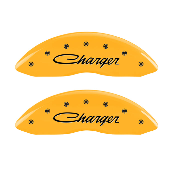 MGP 4 Caliper Covers Engraved Front & Rear Cursive/Charger Yellow finish black ch