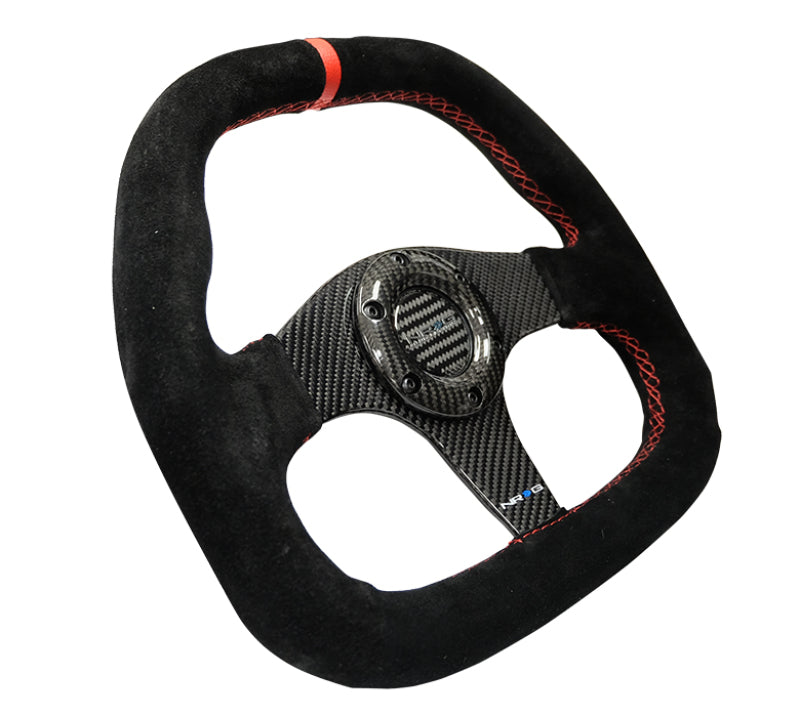 Load image into Gallery viewer, NRG Carbon Fiber Steering Wheel (320mm) Flat Btm. Blk Suede/Red Stitch w/CF Spokes &amp; Red Center Mark
